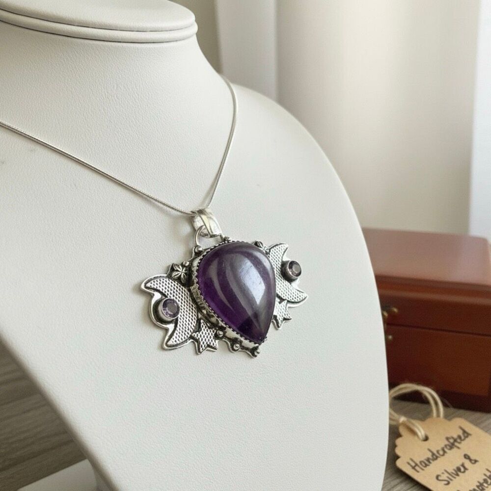 Unique Triple Moon Goddess Amethyst Sterling Silver Pendant Necklace New
